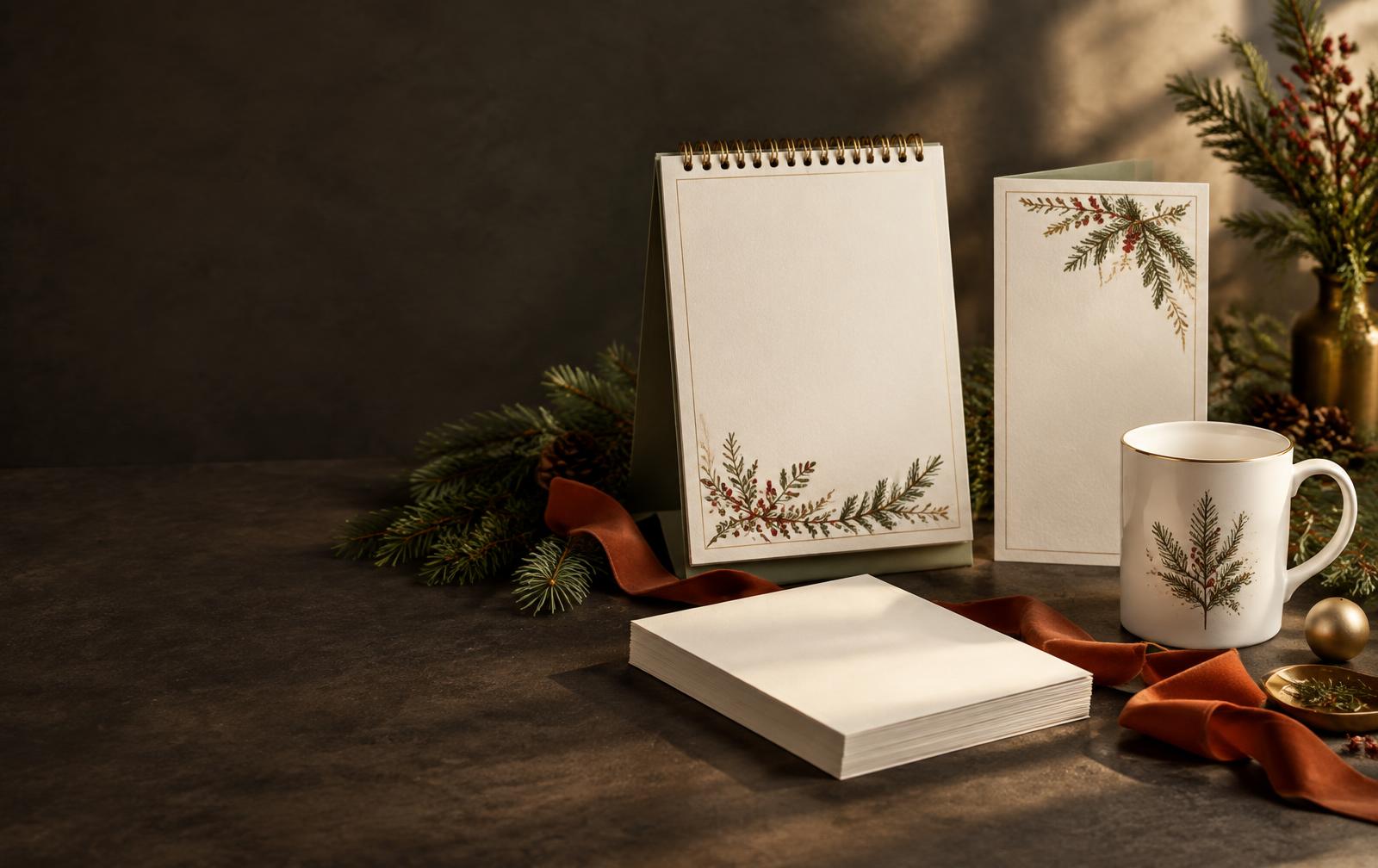 Christmas calendars, menus, flyers and a gift mug arranged with evergreen foliage
